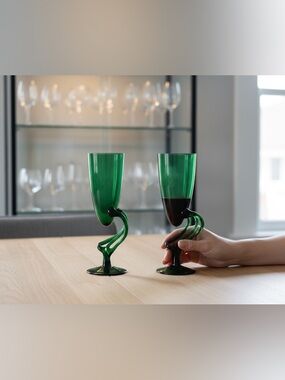 Vintage Jozefina Krosno Green‎ Art Glass Goblets Postmodern Polish 1980s Set